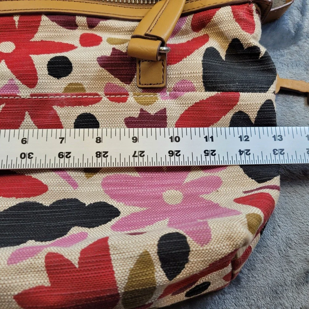 Fossil Issue No. 1954 Floral Canvas‎ Leather Satchel Crossbody Bag Tan Red